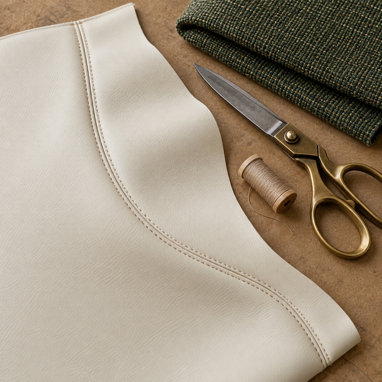 Illustrative upholstery study: curved seam in ivory vinyl, moss fabric, shears and thread